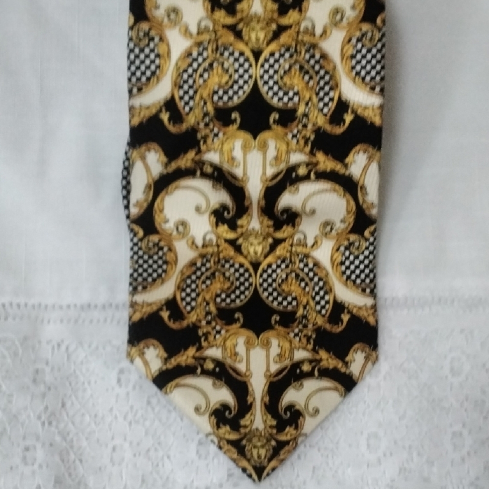 Versace Gold and Black Patterned Silk Necktie
